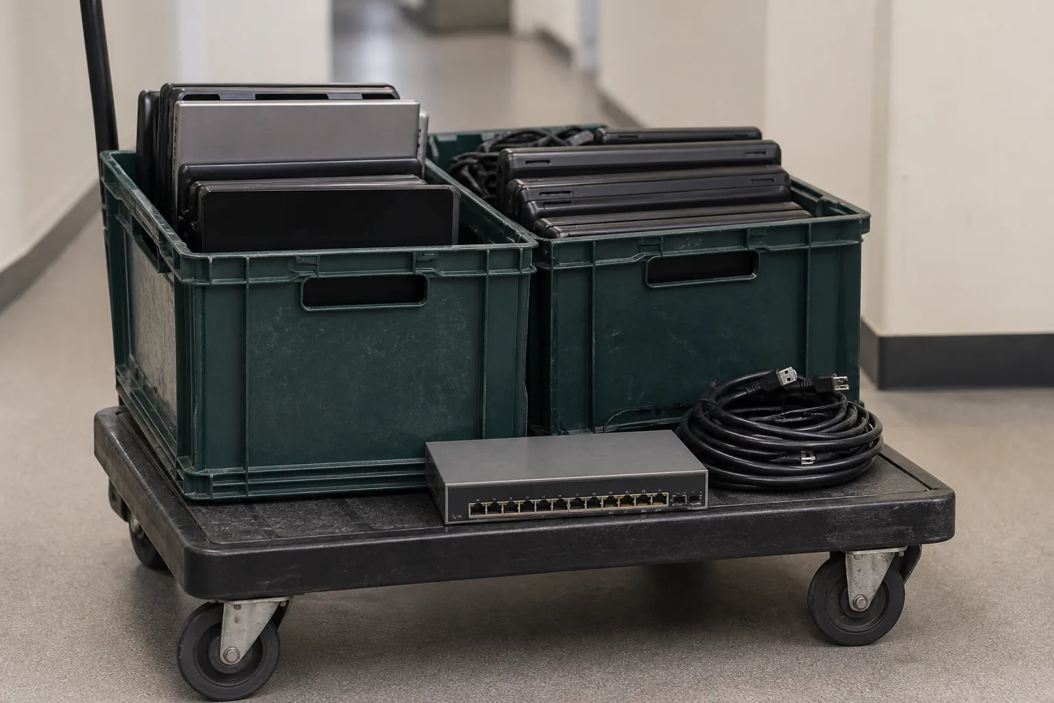 Used laptops, a network switch and cables packed in reusable crates on a collection trolley