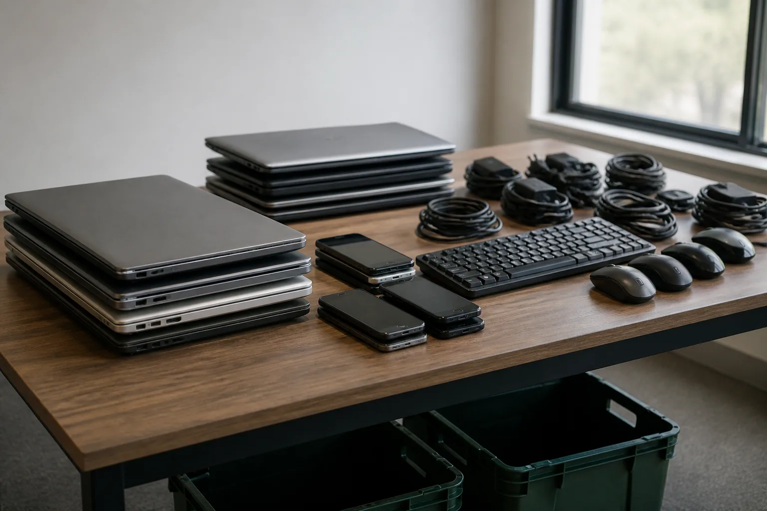 Laptops, phones, keyboards and cables arranged at an empty electronics collection point