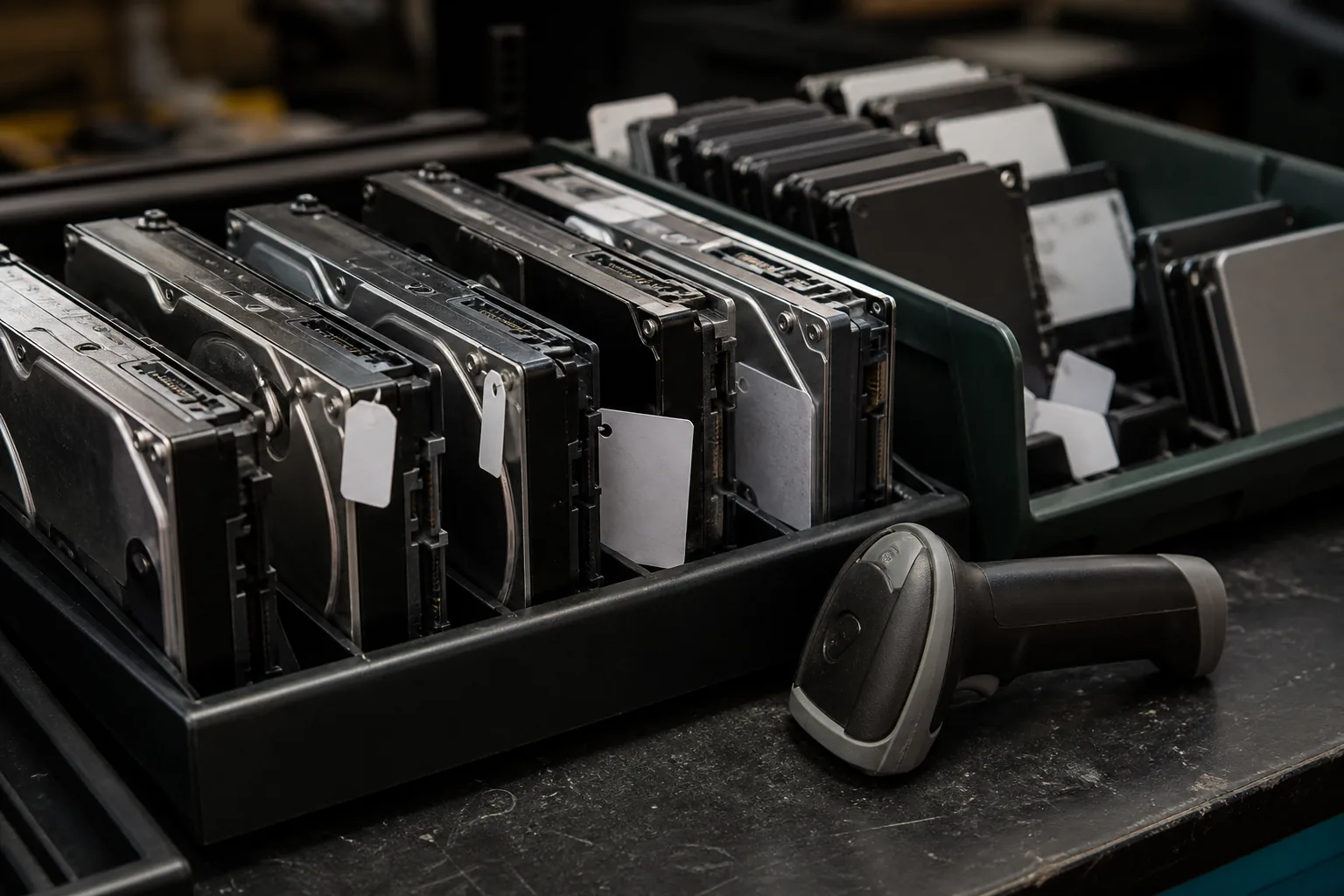 Used hard drives arranged in sorting trays beside an asset barcode scanner