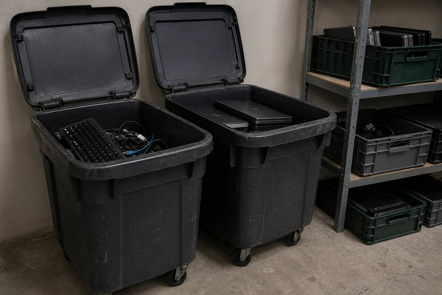 Reusable workplace collection bins holding laptops, keyboards and cables beside organised equipment crates