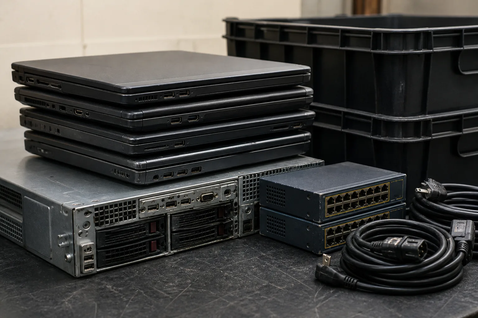 Used business laptops, network switches, server equipment and cables prepared for recovery