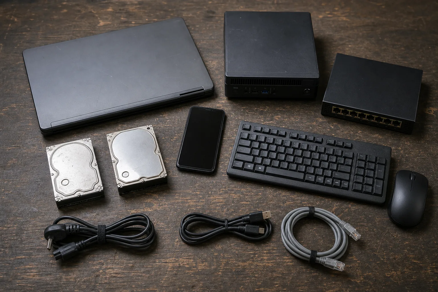 A used laptop, desktop computer, network switch, phone, hard drives and cables arranged for identification